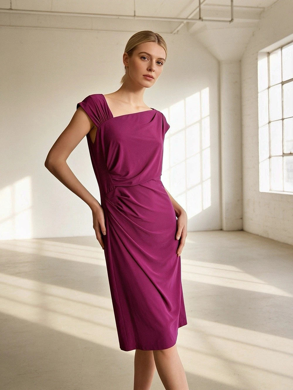 Lauren Ralph Lauren Essentials Asymmetrical Ruched Midi Dress Purple Size 6 NWT